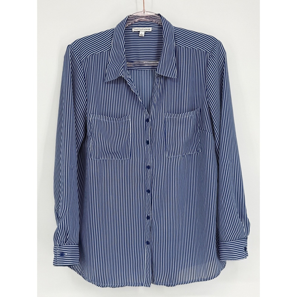 NOTATIONS Sz L Women's Blue White Stripe Collared Button Down Shirt‎ Long Sleeve